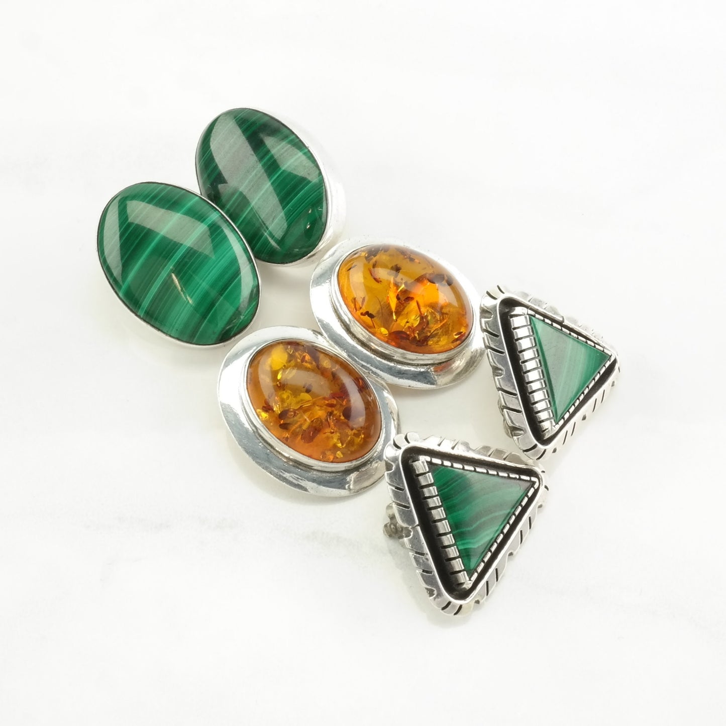 Choice of Vintage Sterling Silver Clip on Earrings Malachite, Amber