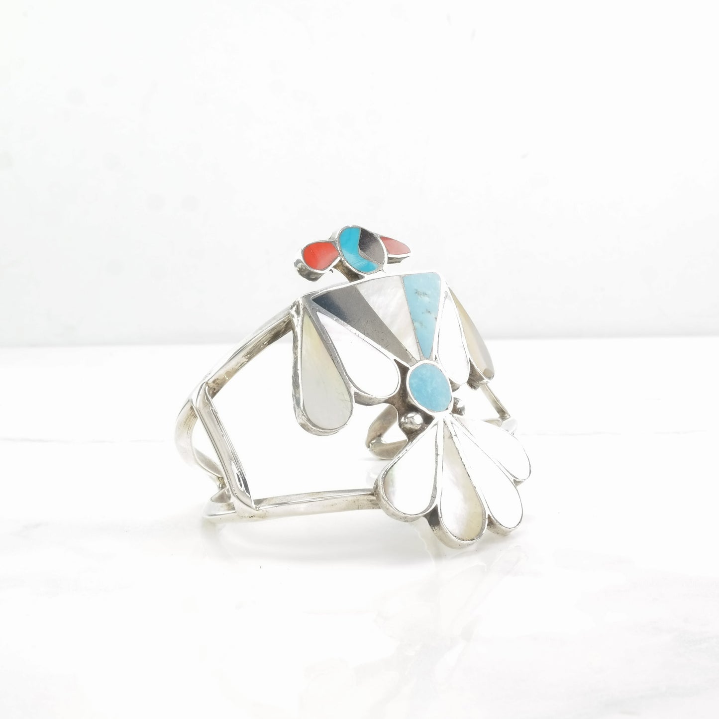 Native American Sterling Silver Cuff Bracelet MOP, Turquoise, Coral, Jet, Thunderbird