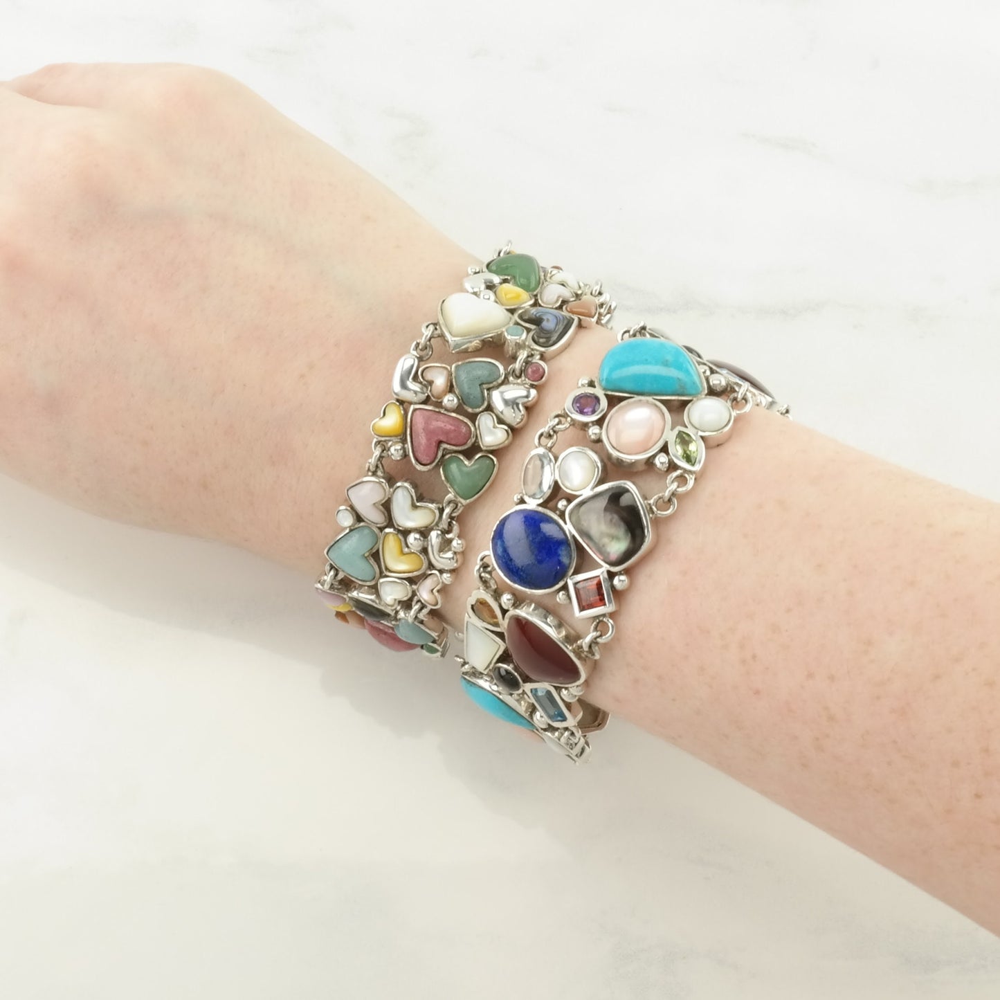 Choice of Vintage Sterling Silver Link/T-Bar Bracelet Multi Stone Cluster, Maximalist