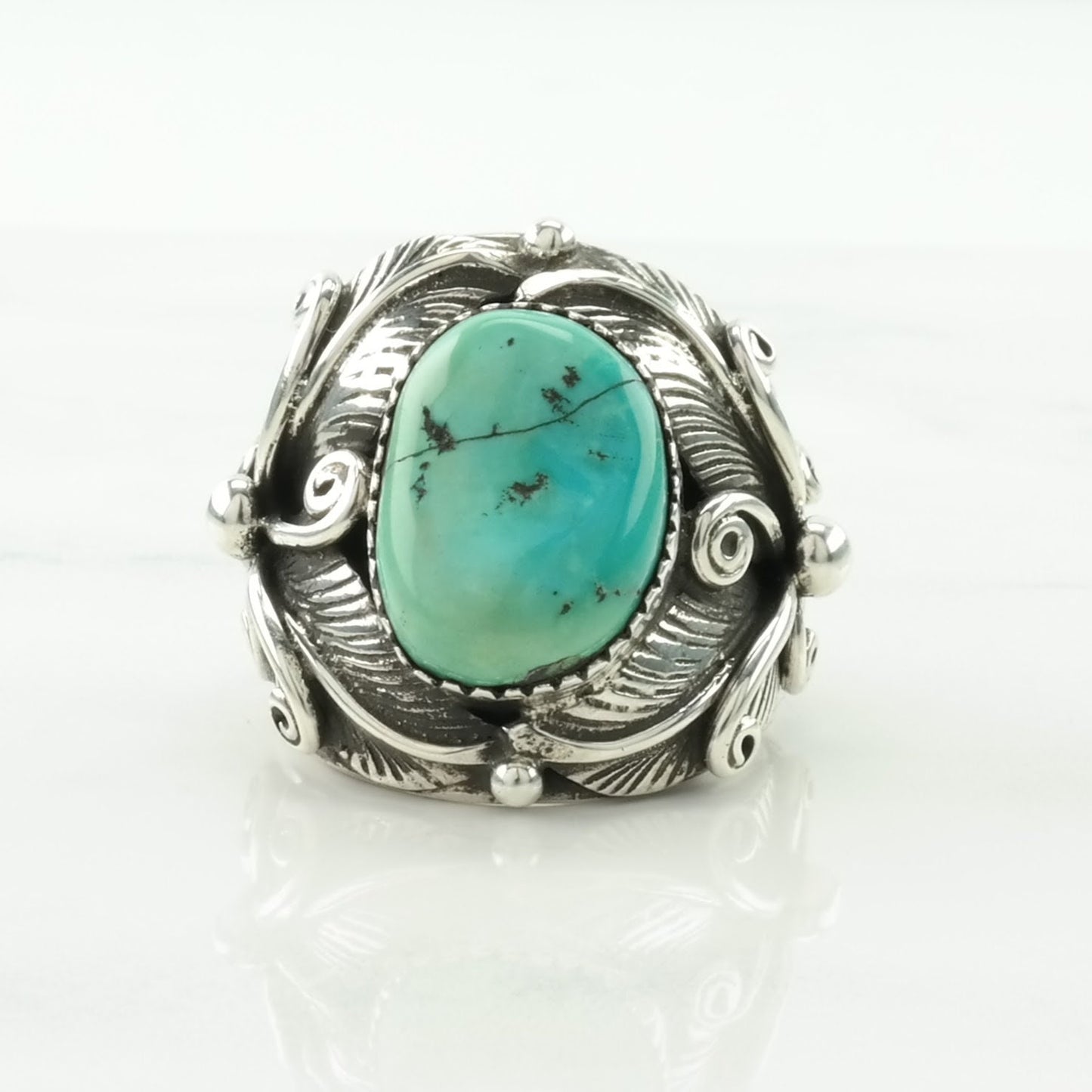 Native American Silver Ring Turquoise Leaf Sterling Blue Size 10