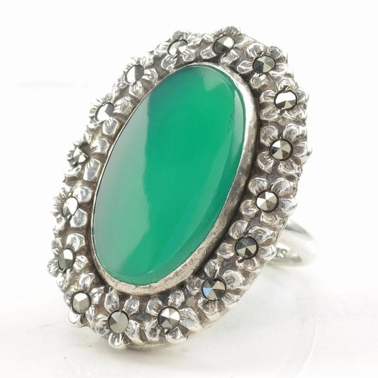 Vintage Sterling Silver Ring Chrysoprase Floral Green Size 2 3/4