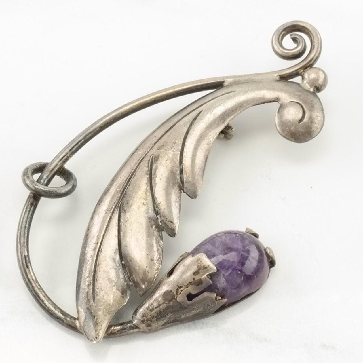 Vintage Taxco Sterling Silver Brooch Leaf Purple Amethyst