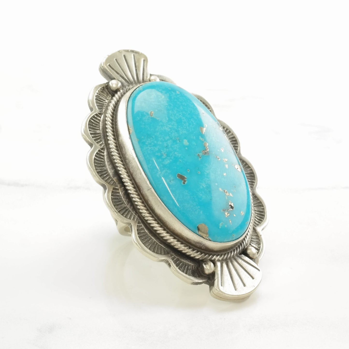 Native American Silver Ring Huge Turquoise Scallop Edge Sterling Size 6