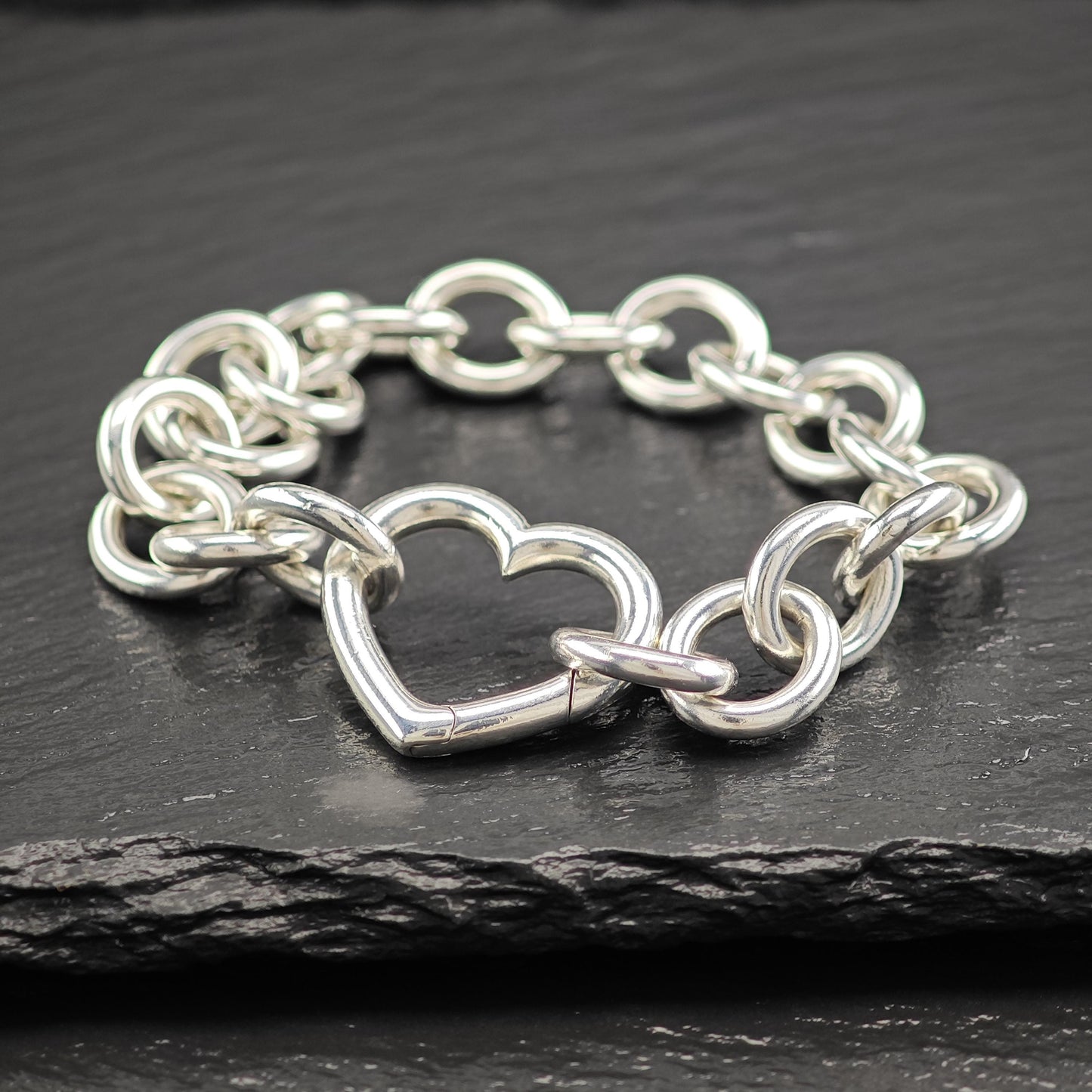 Sterling Silver Large Tiffany Curb Link Bracelet Heart Design