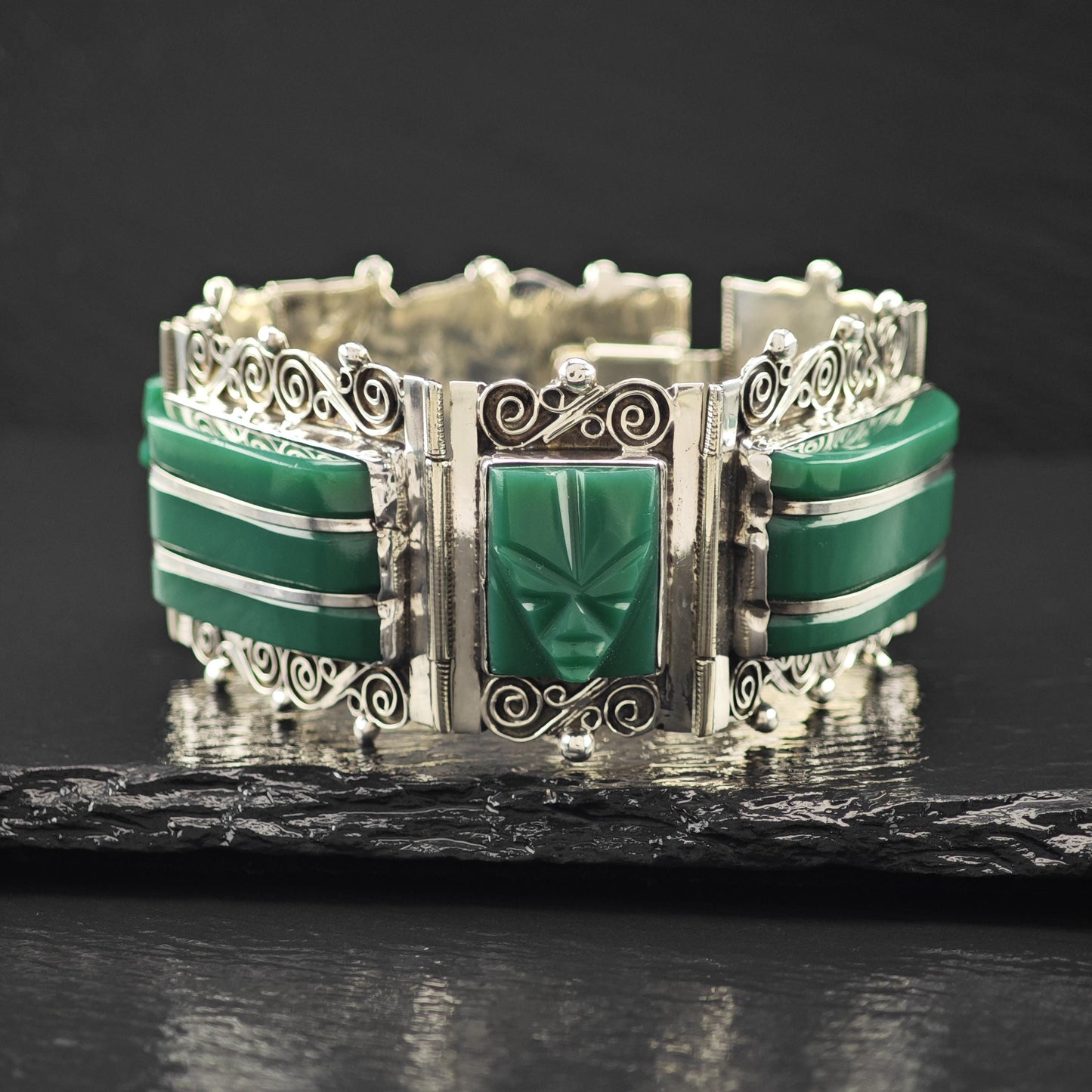 Carved Face Green Onyx Panel Bracelet Sterling Silver Size 7"