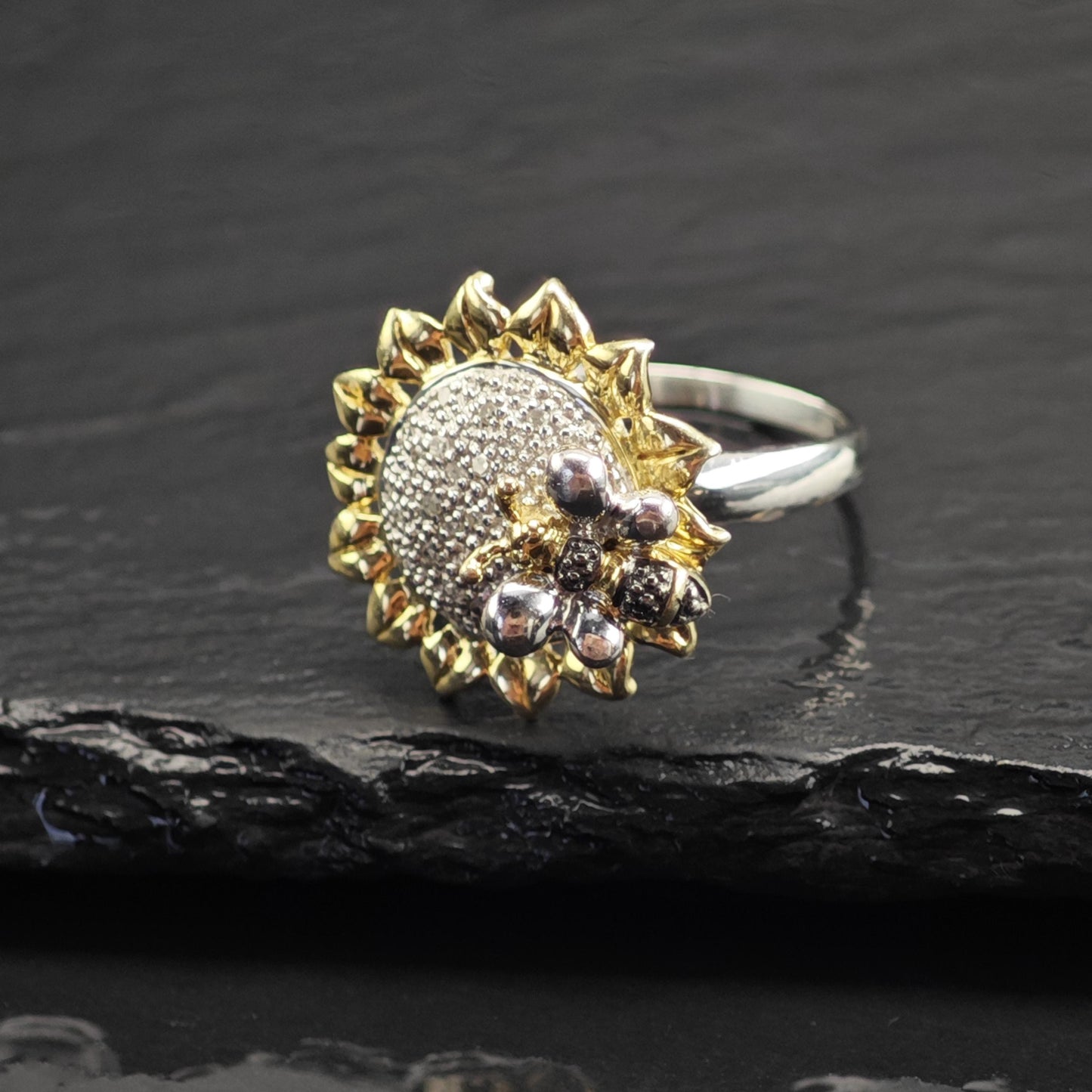 Diamond Flower Bee Gold-Plated Accent Sterling Silver Ring Sz 8 3/4 R6734