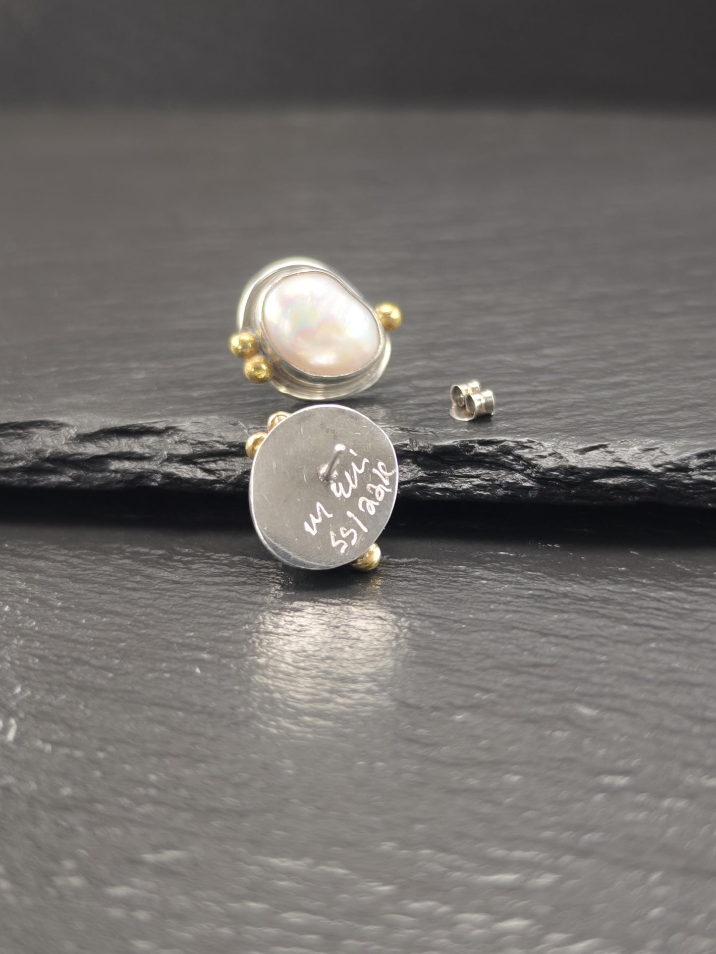 Vintage Sterling Silver Stud Earrings with 22K Gold Pearl Designer Elegance