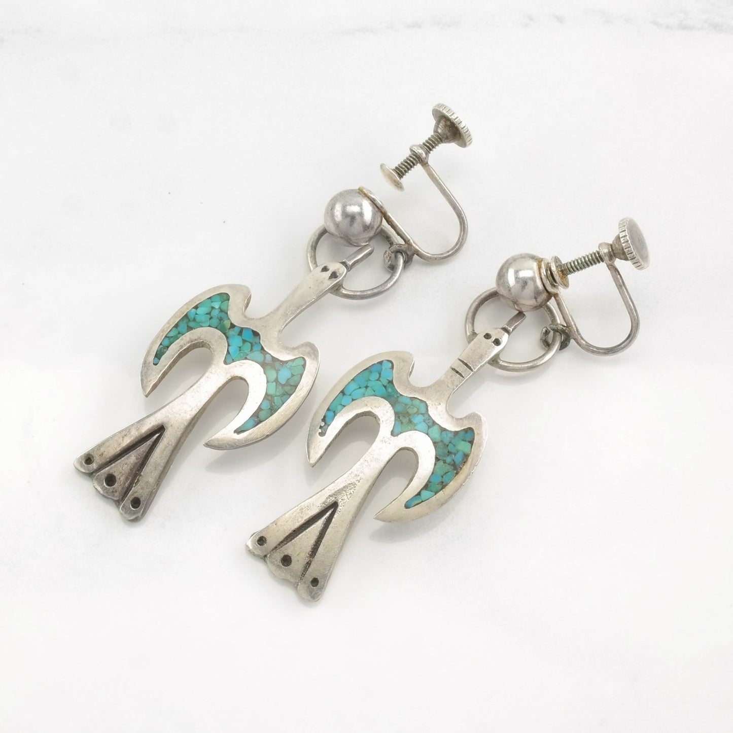 Native American Sterling Silver Blue Crushed Turquoise Inlay Bird Earrings Screwback, Dangle