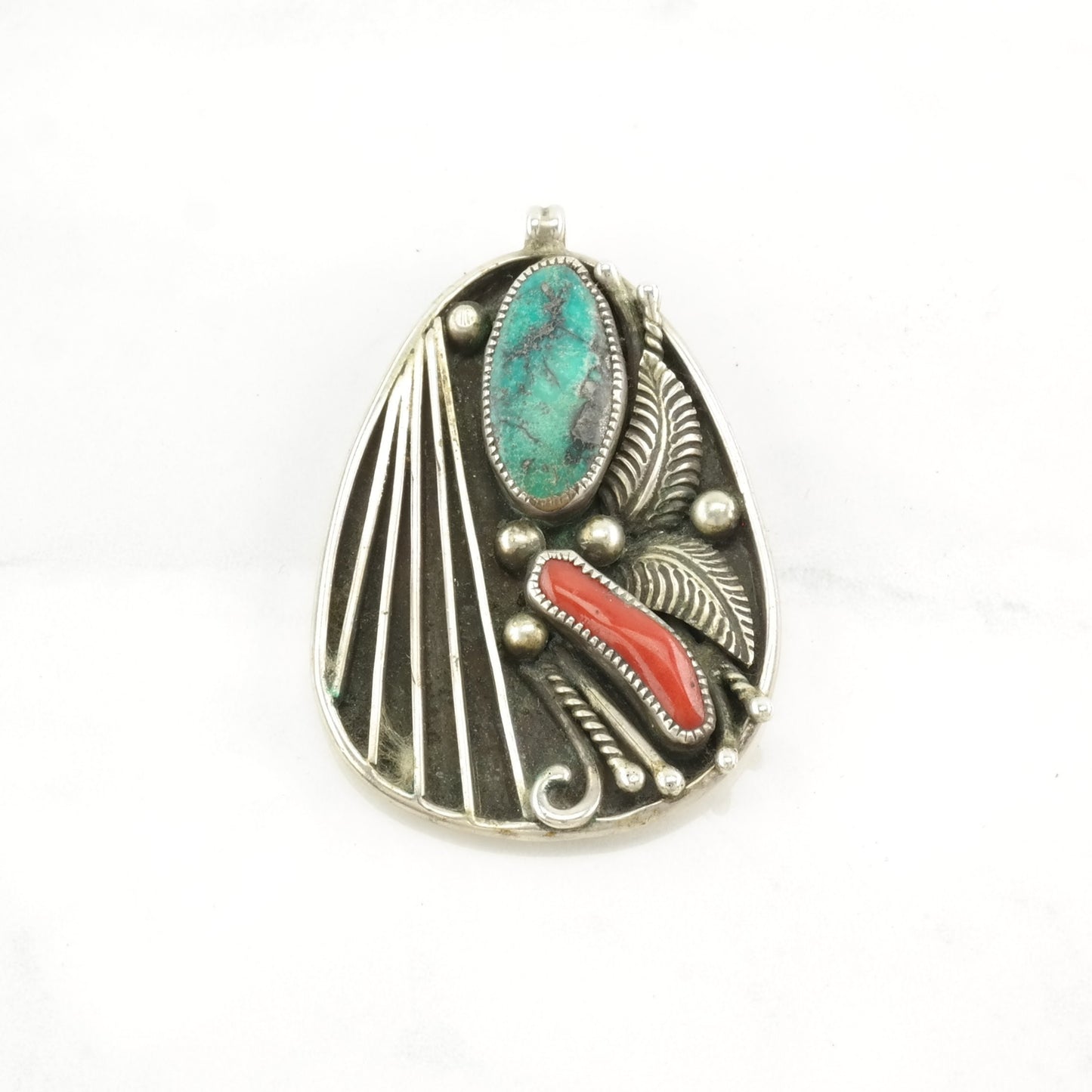 Native American Turquoise, Coral Leaf Sterling Silver Pendant