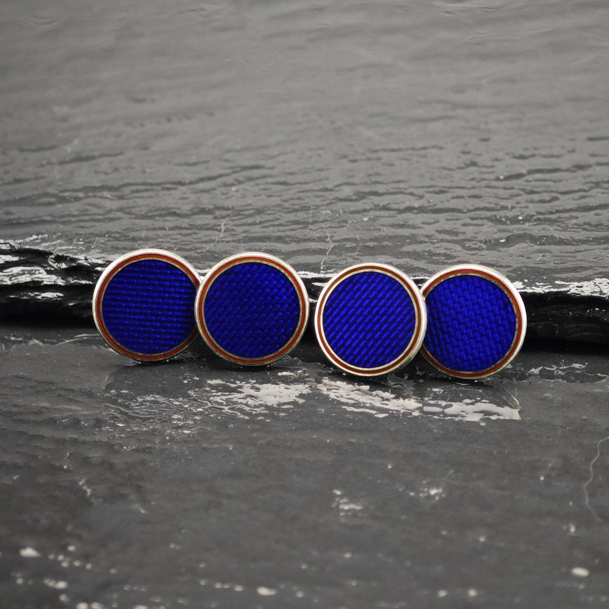 1986 Deakin Francis Guilloche Blue Enamel Sterling Silver Cufflinks MISC0435