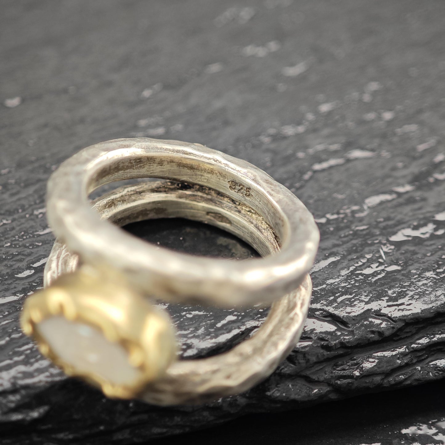 Brutalist Pearl Ring in Sterling Silver 9k Gold Bezel R5808