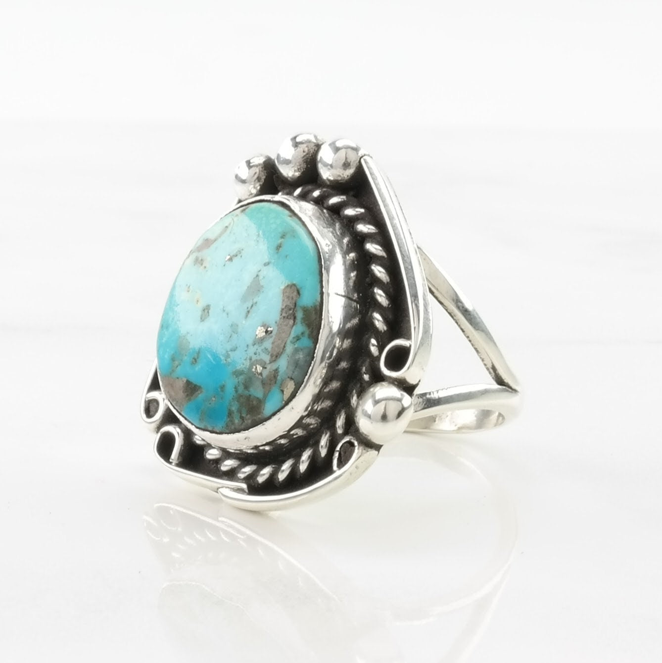 Vintage Southwest Silver Ring Turquoise Rope Details Sterling Blue Size 7