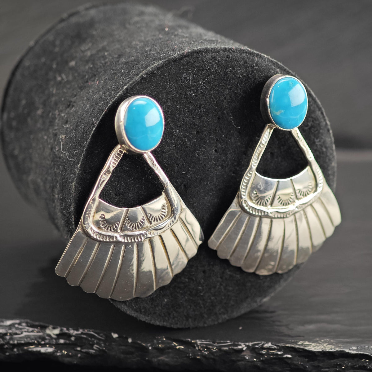 Running Bear Turquoise Fan Sterling Silver Dangle Stud Earrings ER3213
