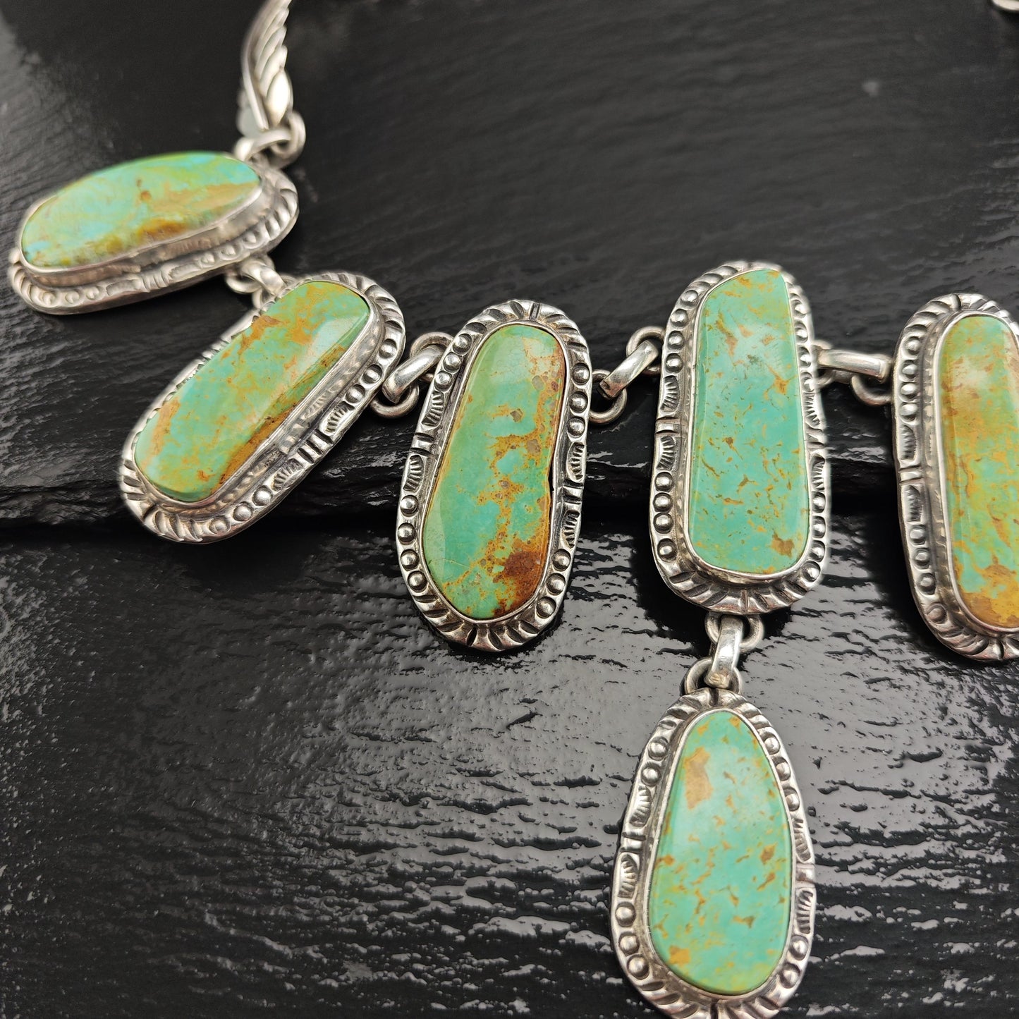 Vintage Navajo Green Kingman Turquoise Lariat Sterling Silver Necklace N2724