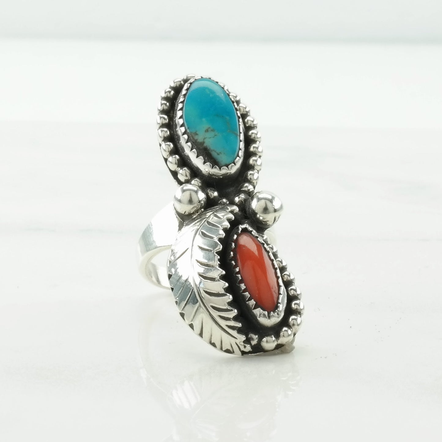 Native American Silver Ring Turquoise, Coral Leaf Sterling Size 5 1/2