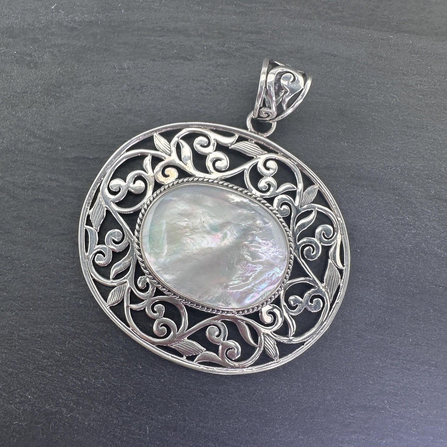 Vintage Large Thai Filigree Silver Pendant MOP Sterling