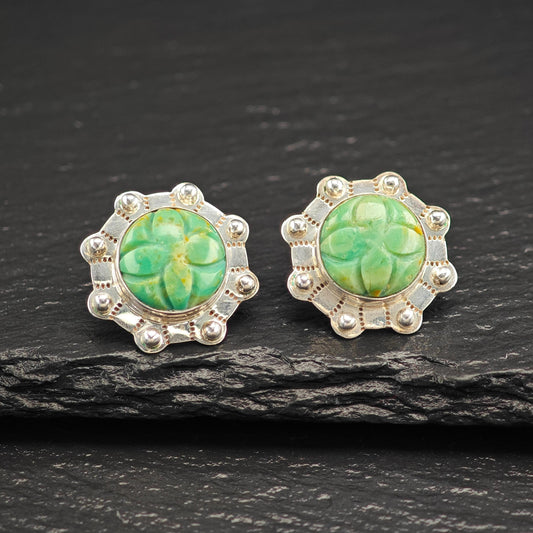 Green Gemstone Carved Floral Stud Earrings Sterling Silver