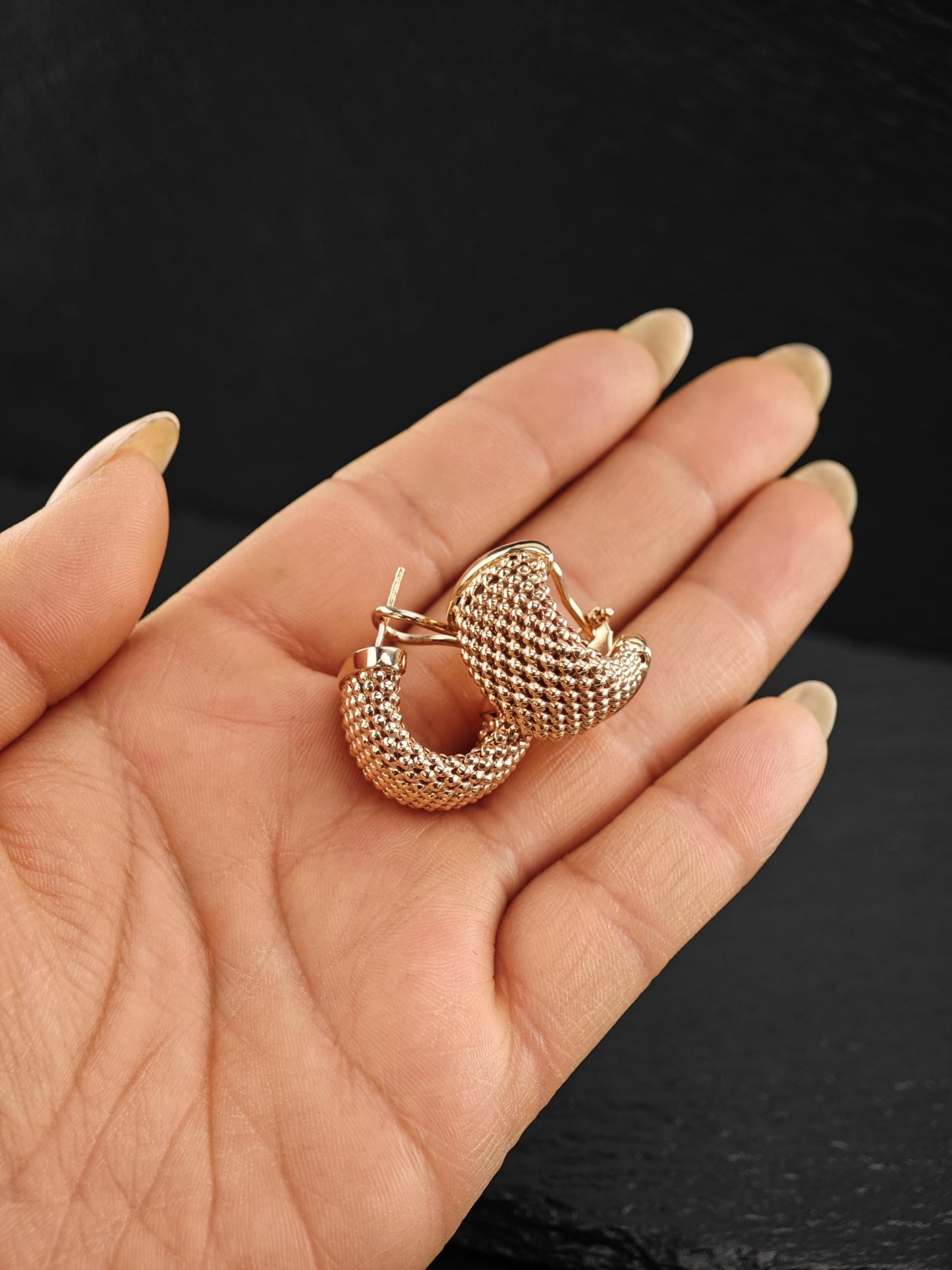 Italy Rose Gold Mesh C Hoop Sterling Silver Omega Back Earrings