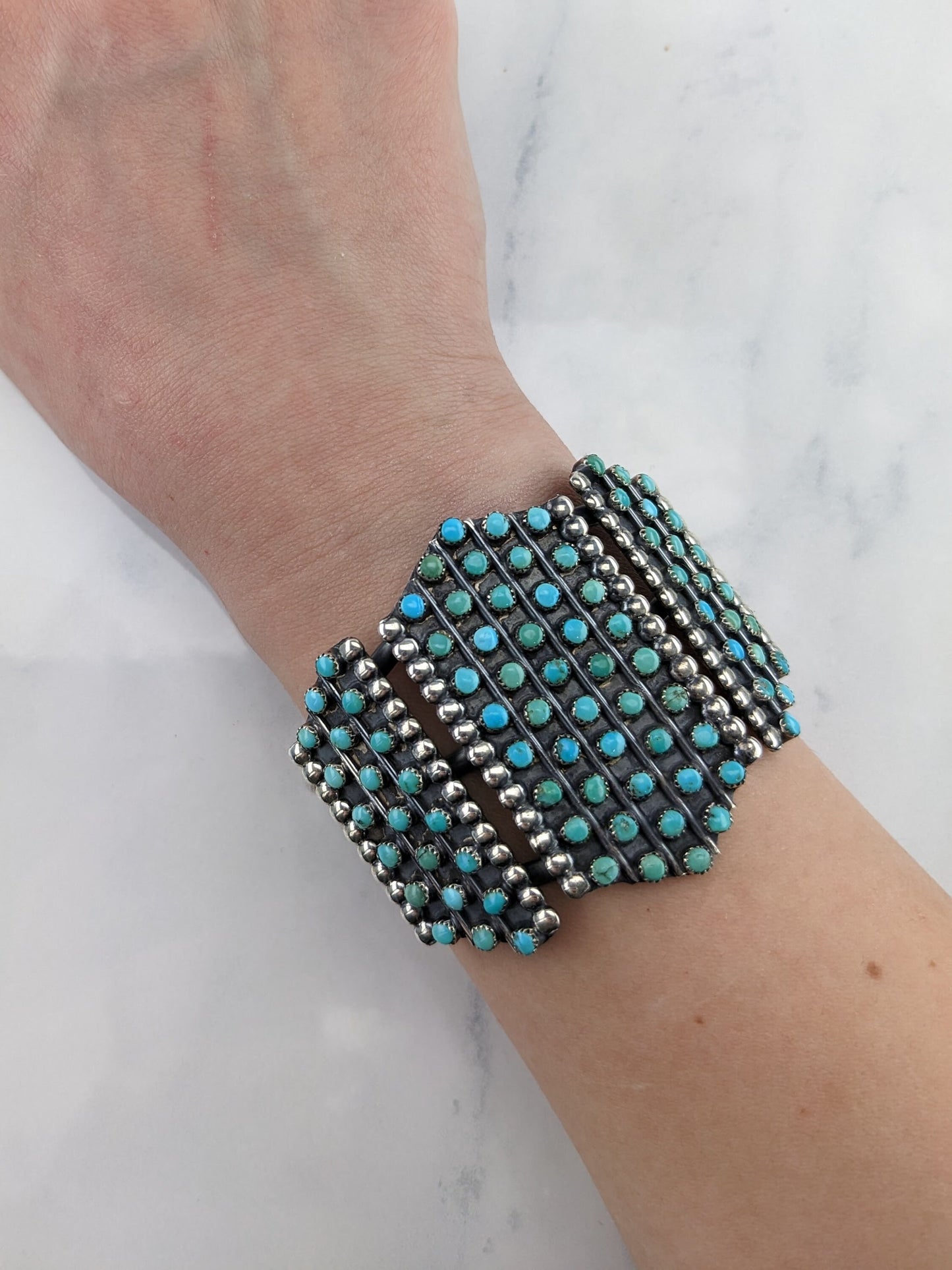 Native American Zuni Sterling Silver Cuff Bracelet Blue Turquoise Cluster