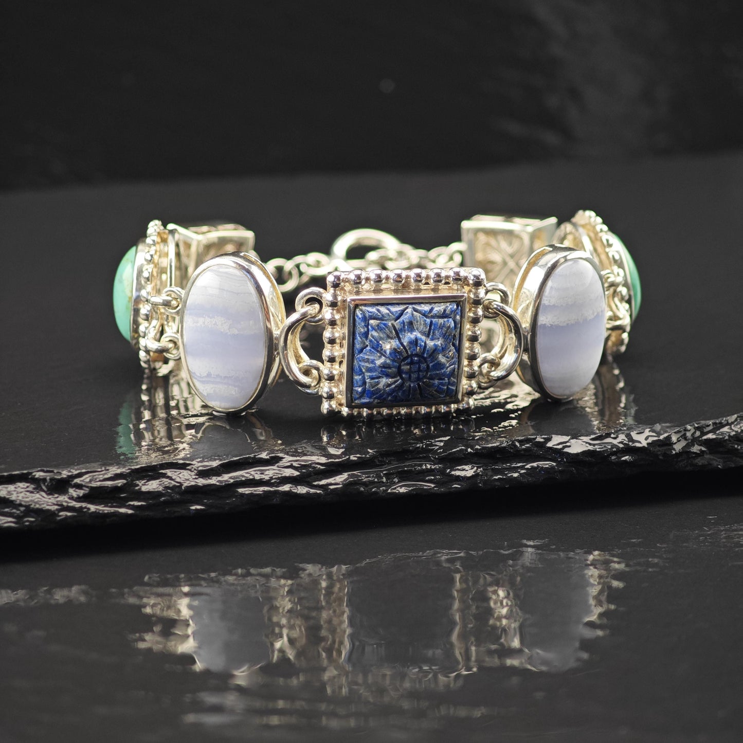 Whitney Kelly Carved Lapis Bracelet, Sterling Silver (Adjustable Size 7" and 7 1/2")