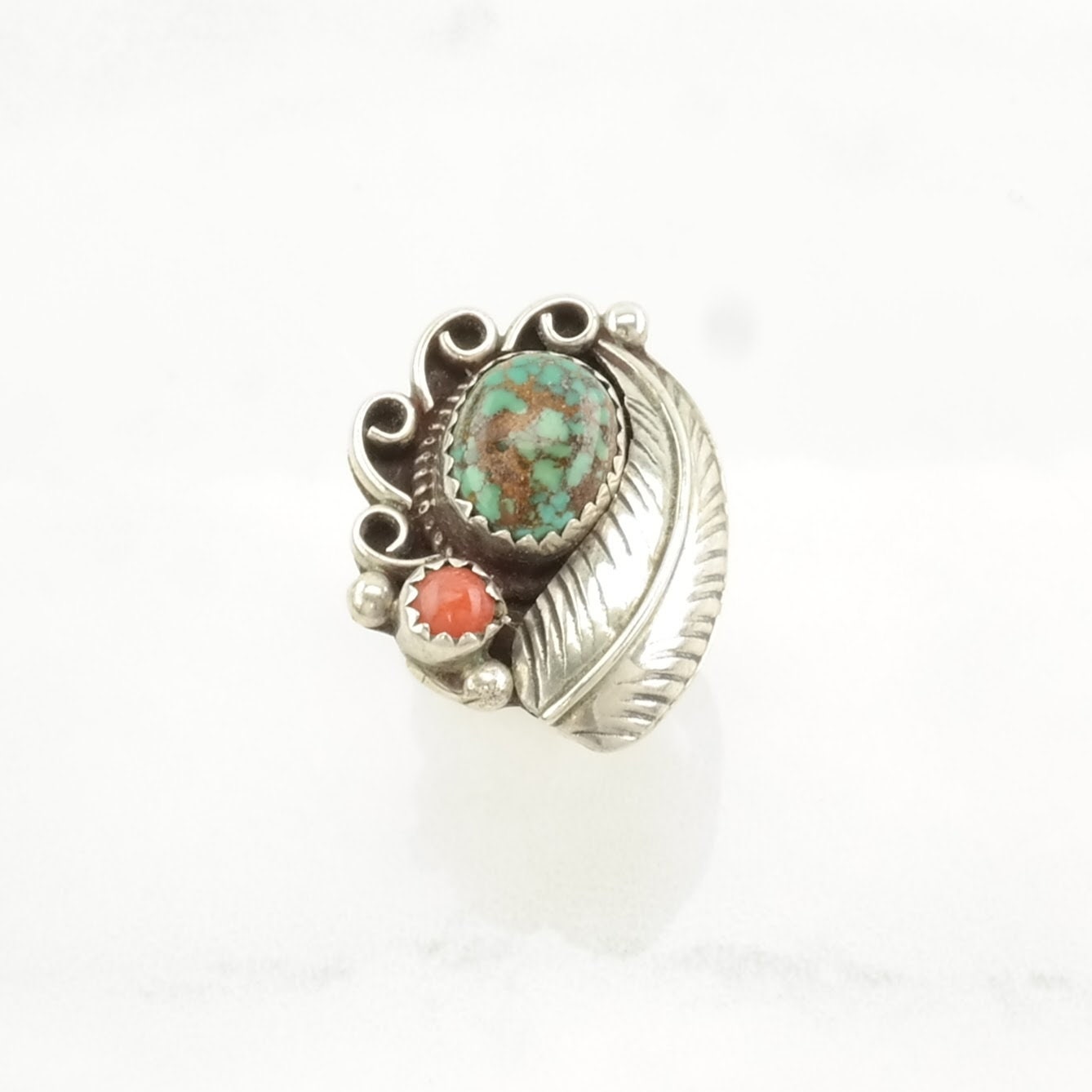 Native American Silver Ring Spiderweb Turquoise, Coral Feather Sterling Green, Red Size 6 1/2