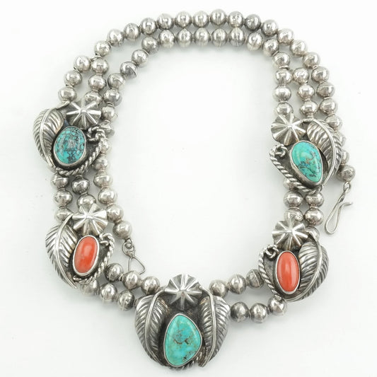 Vintage Native American Sterling Silver Turquoise Coral Leaf Beaded Spiderweb Necklace