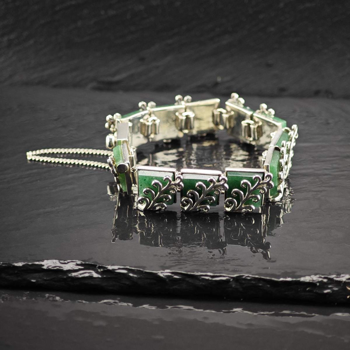 Antonio Pineda Green Gemstone Panel Link Bracelet Sterling Silver Sz 6 3/4" BR3171