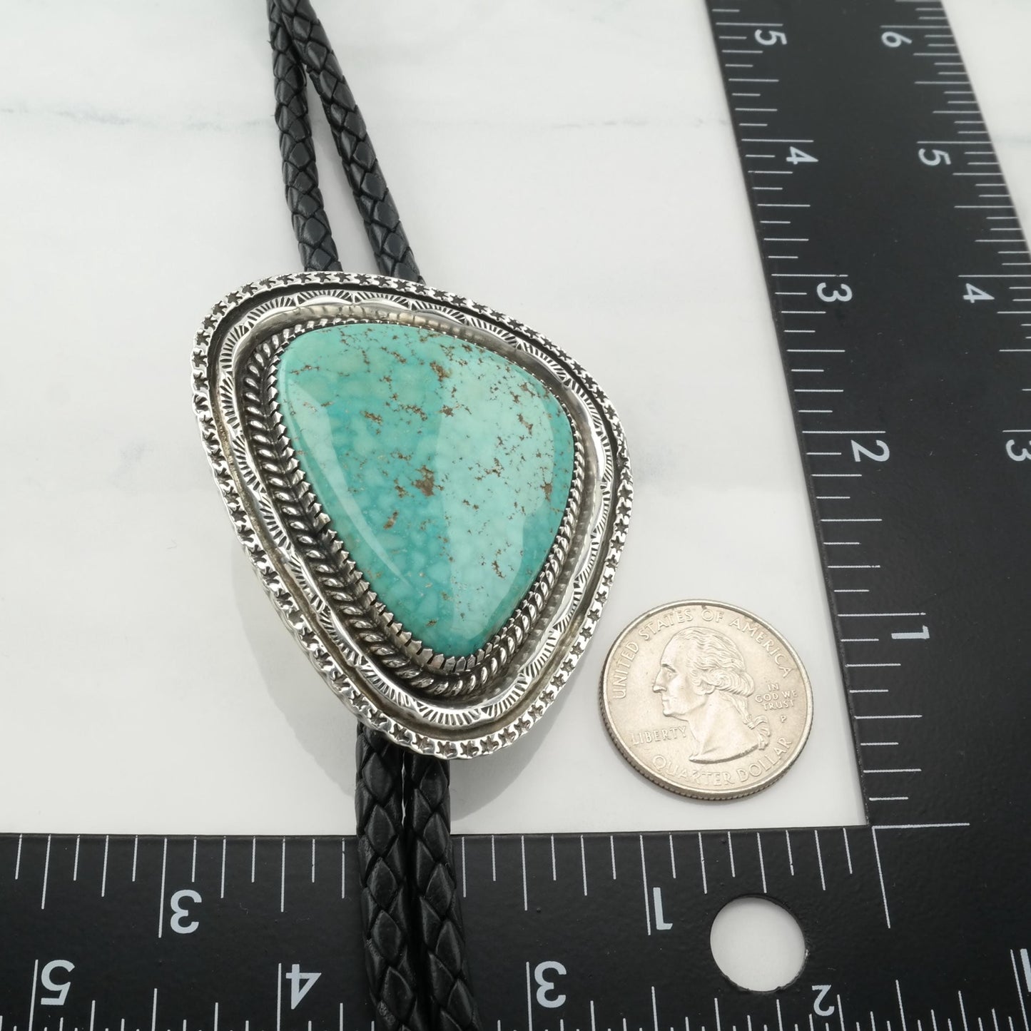 Native Sterling Silver & Kingman Turquoise Bolo Tie, Ca. 1970s N2348