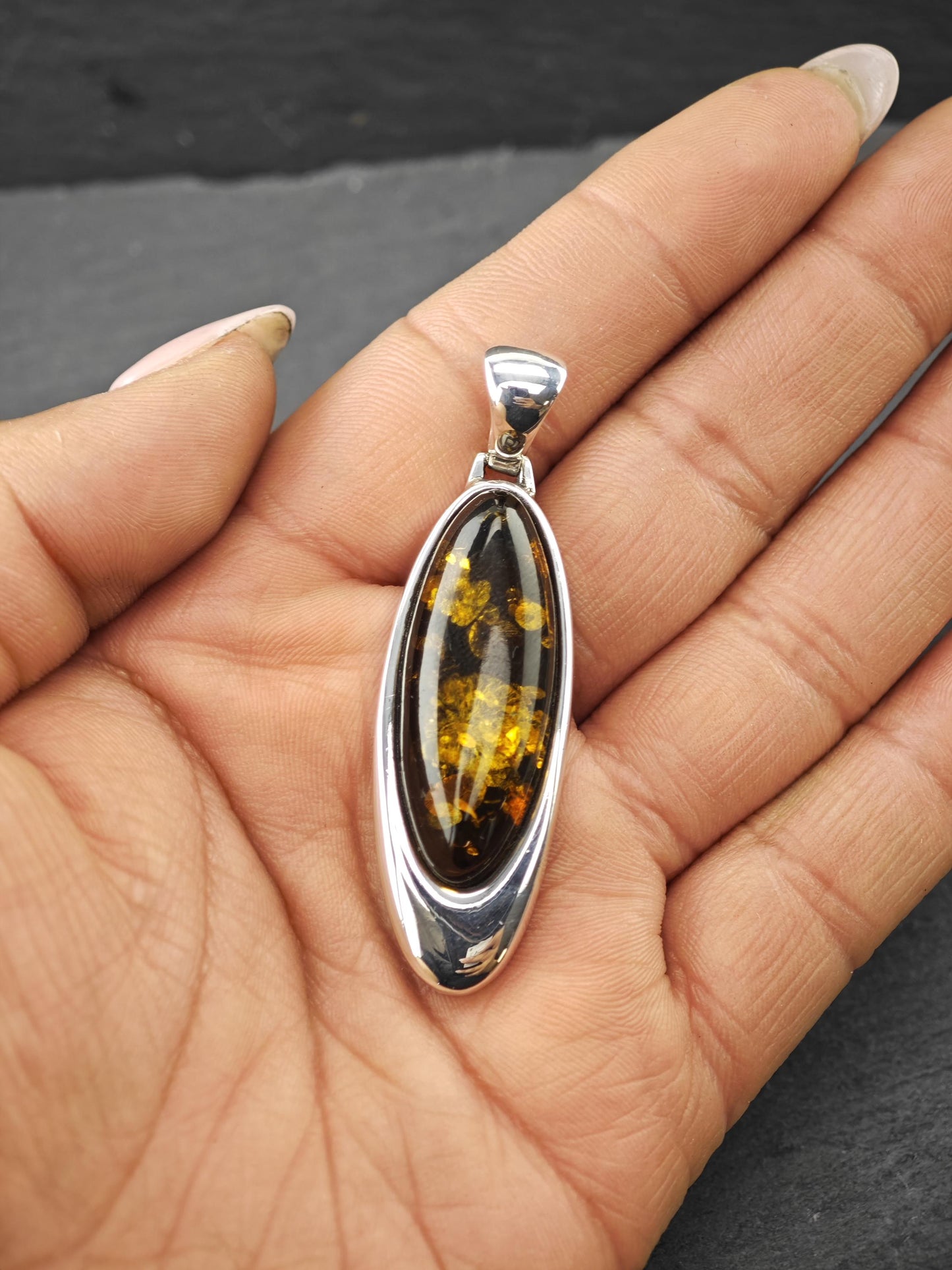 Vintage Modernist Amber Pendant, Poland Sterling Silver