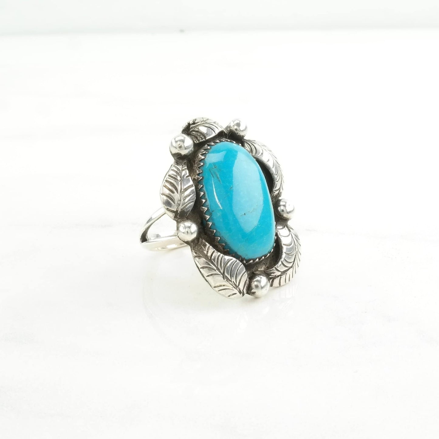 Native American Silver Ring Turquoise Leaf, Large Sterling Blue Size 6 1/2