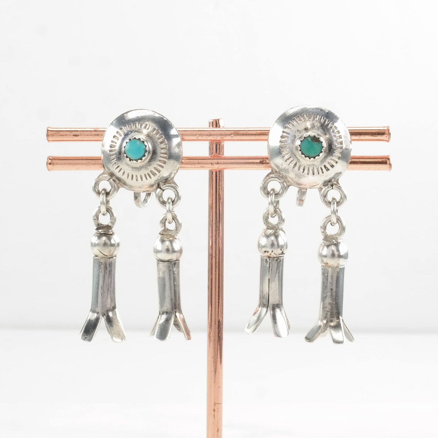 Native American Sterling Silver Blue Turquoise Earrings Screwback, Dangle