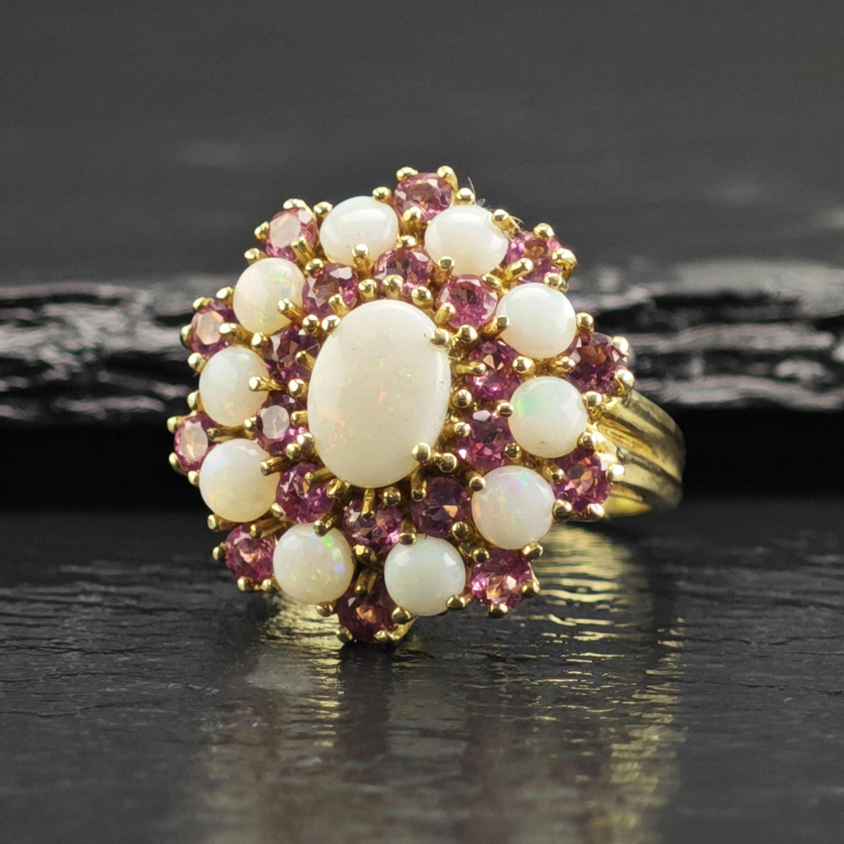Natural Opal Pink Tourmaline Cluster 10K Gold Ring Sz 6 3/4 R6767