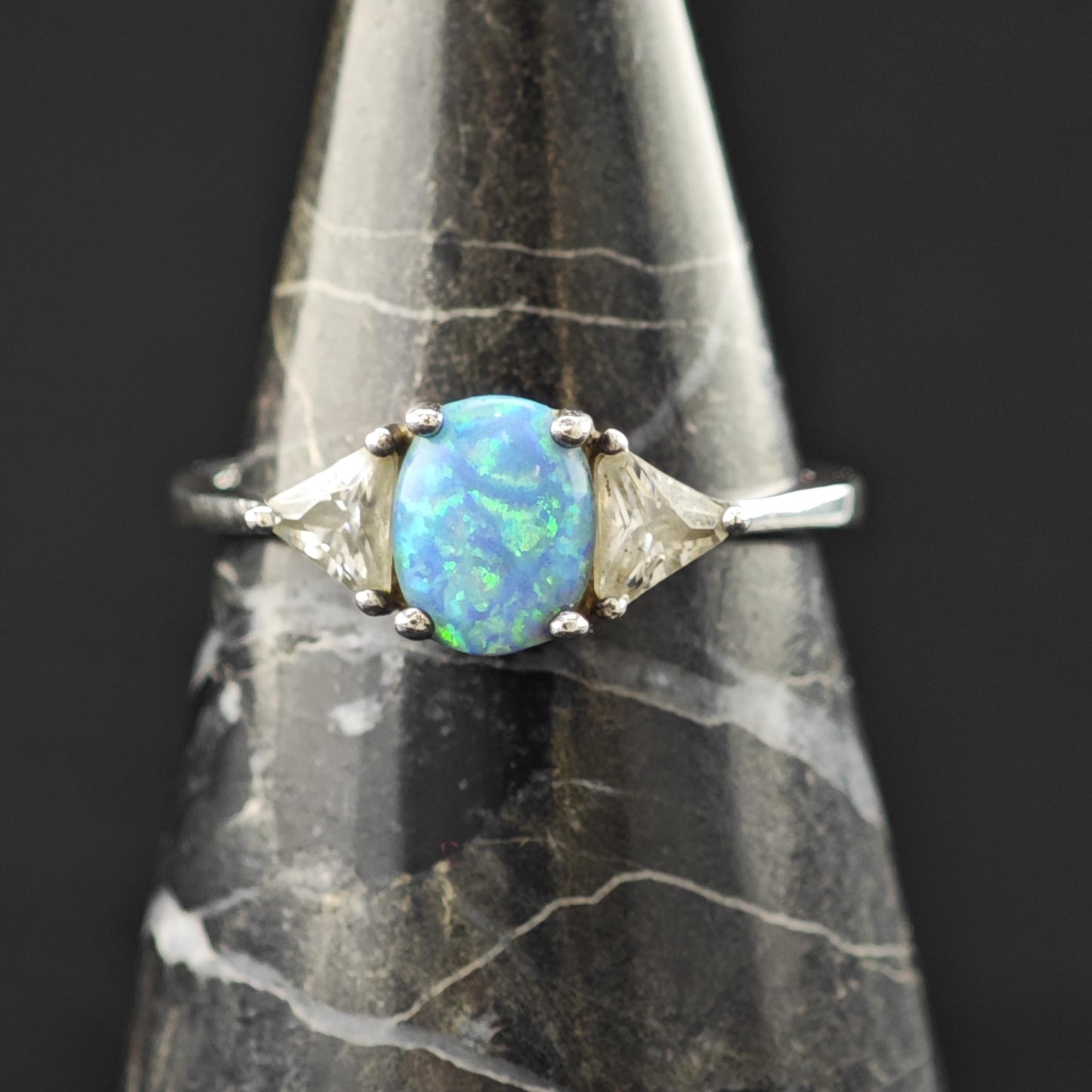 Sterling Silver Ring Lab Opal and CZ Stone Size 7 3/4 R6218