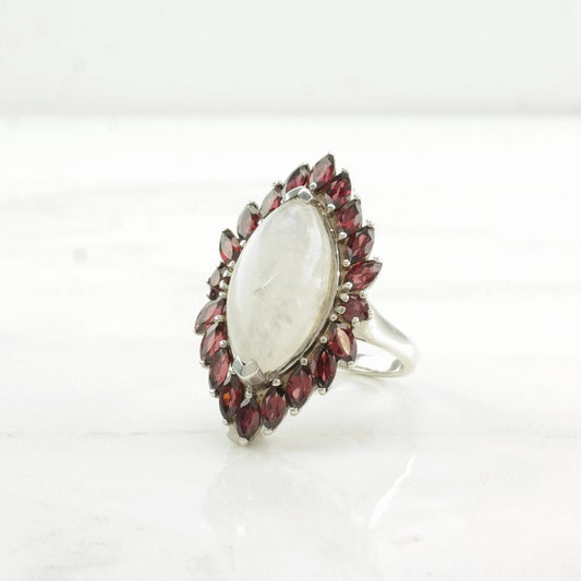 Sterling Silver Ring Moonstone, Garnet Pink Size 9