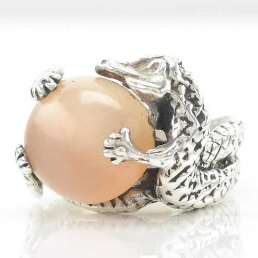 Vintage Hand Made Silver Ring Quartz Dragon Crocodile Sterling Peach Size 7