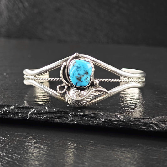 Native American, Turquoise, Floral Cuff Bracelet Sterling Silver