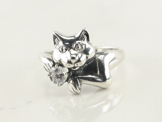 Sterling Silver Cubic Zirconia Cat Ring Size 6