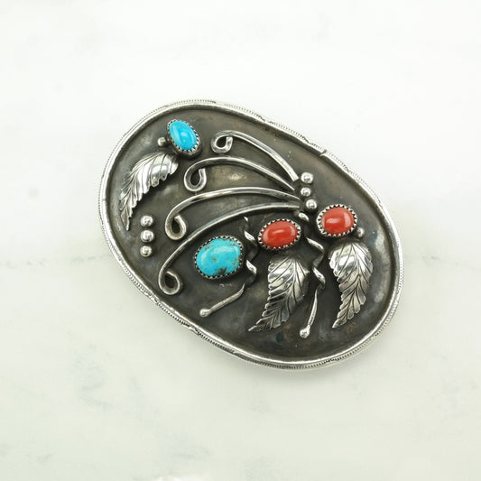 Vintage Native American Blue, Red, Turquoise, Coral Leaf Sterling Silver, Belt Buckle