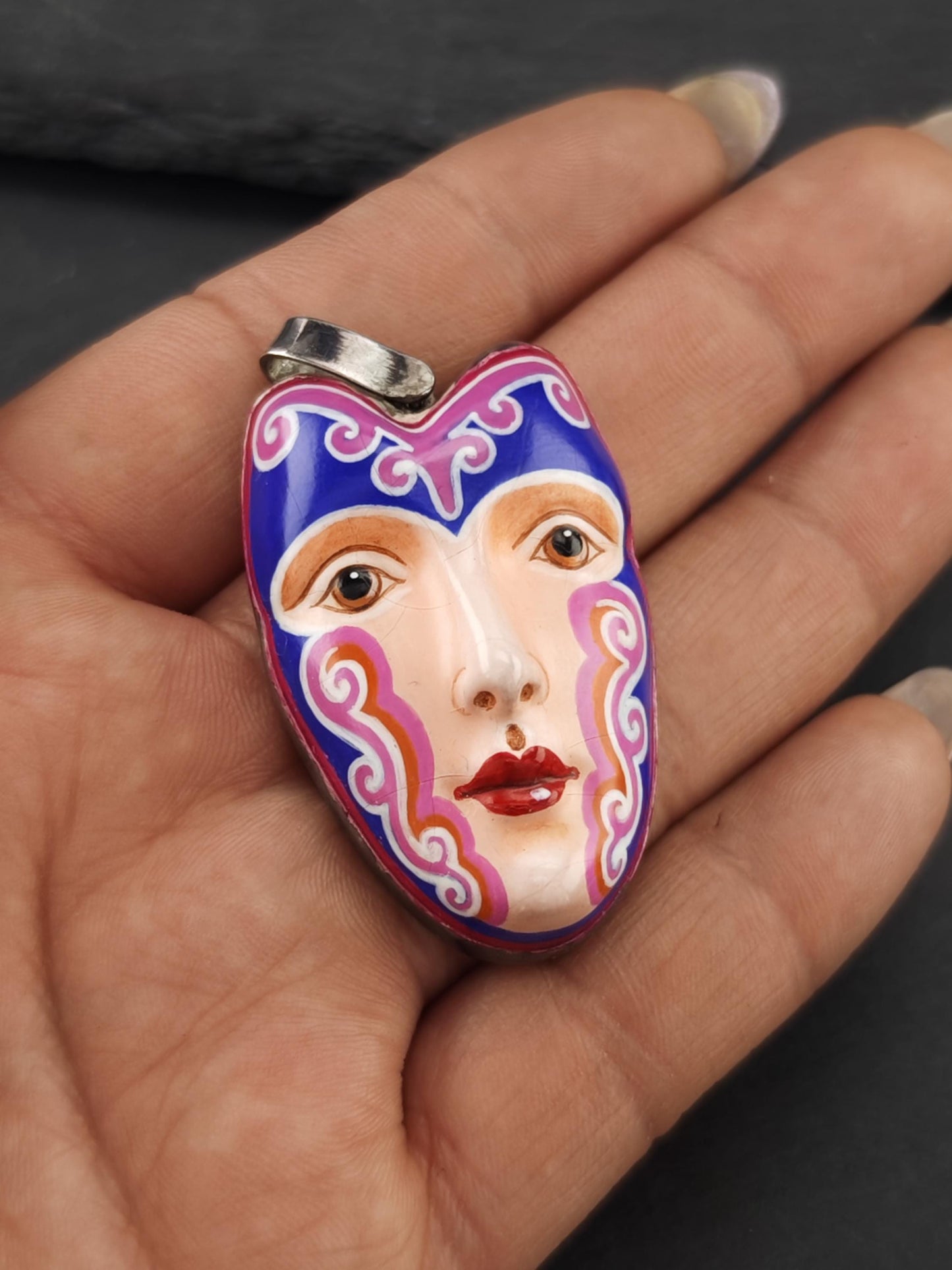 Sergio Bustamante Enamel, Women's Face Brooch/Pendant Sterling Silver