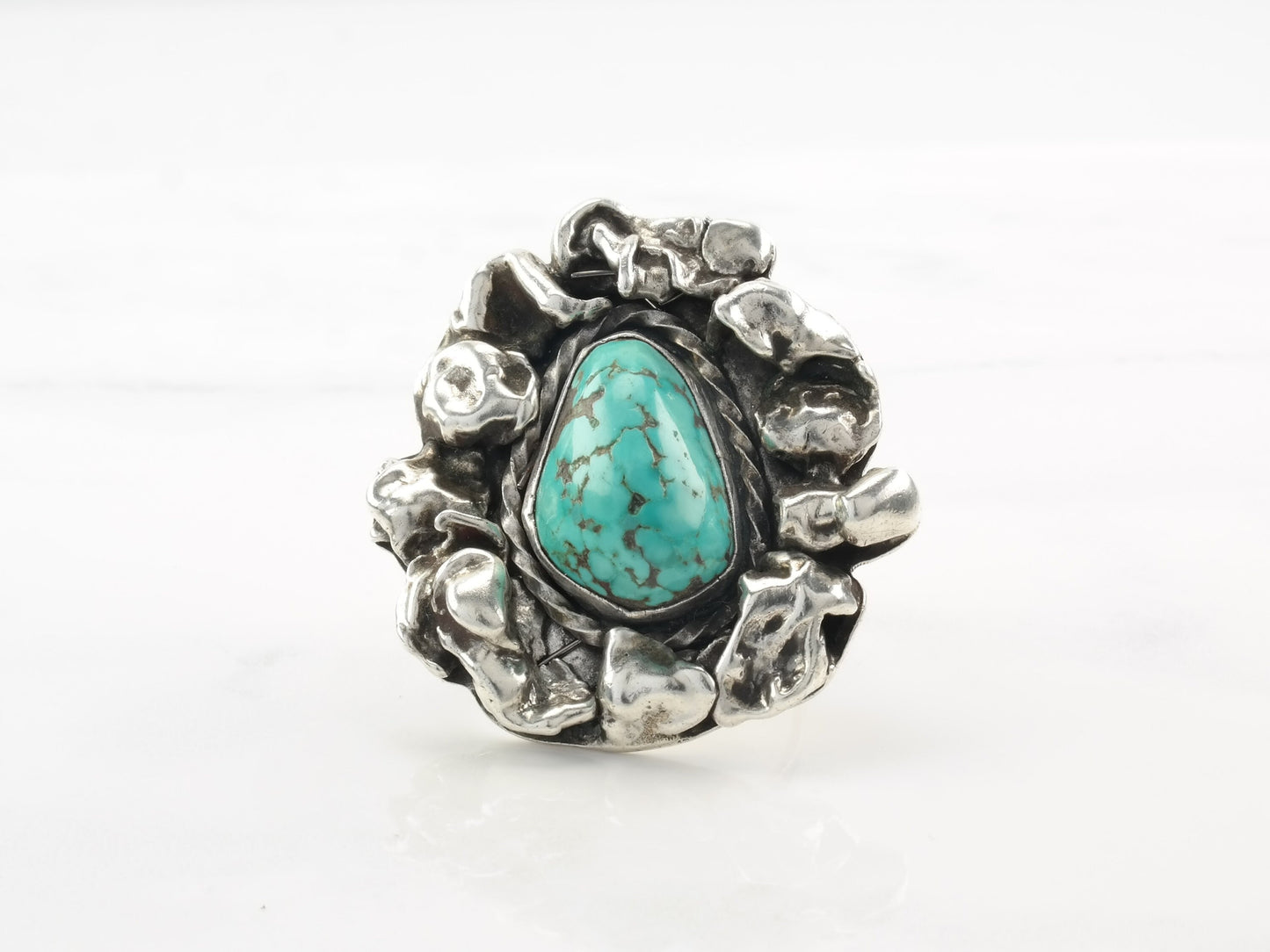Vintage Southwest Silver Ring Turquoise Brutalist Style Sterling Size 8 1/2