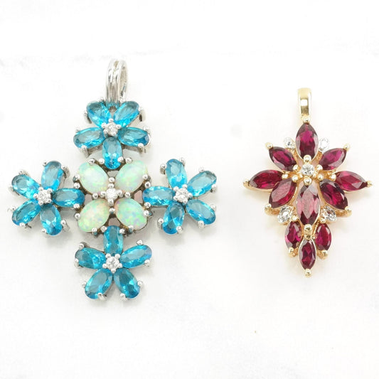 Vintage Lab Opal, Topaz, Diamond, Lab Ruby Floral, Cross Sterling Silver Pendant