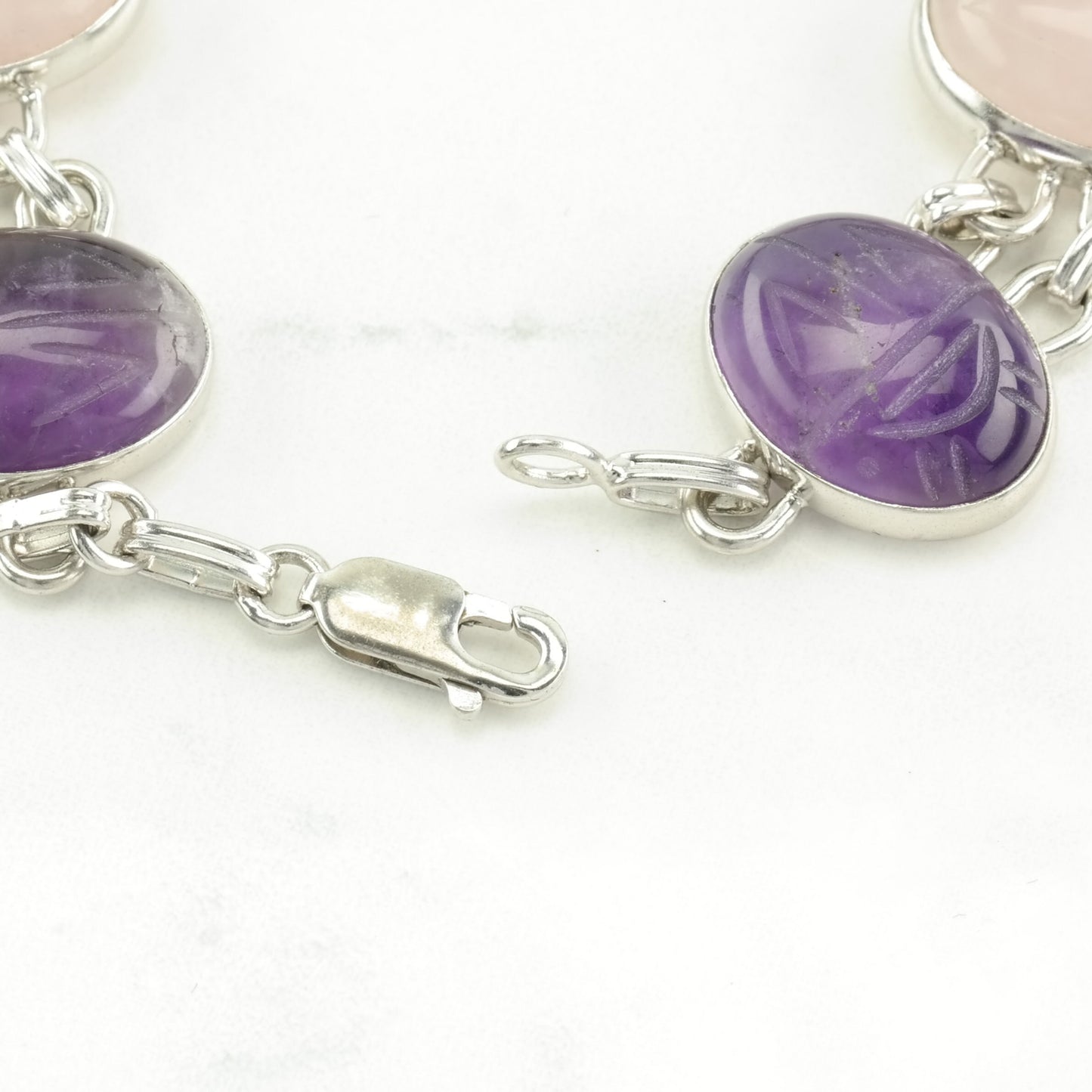 Egyptian Revival Sterling Silver Link Bracelet Pink, Purple Amethyst, Rose Quartz Carved Scarab, Beetle