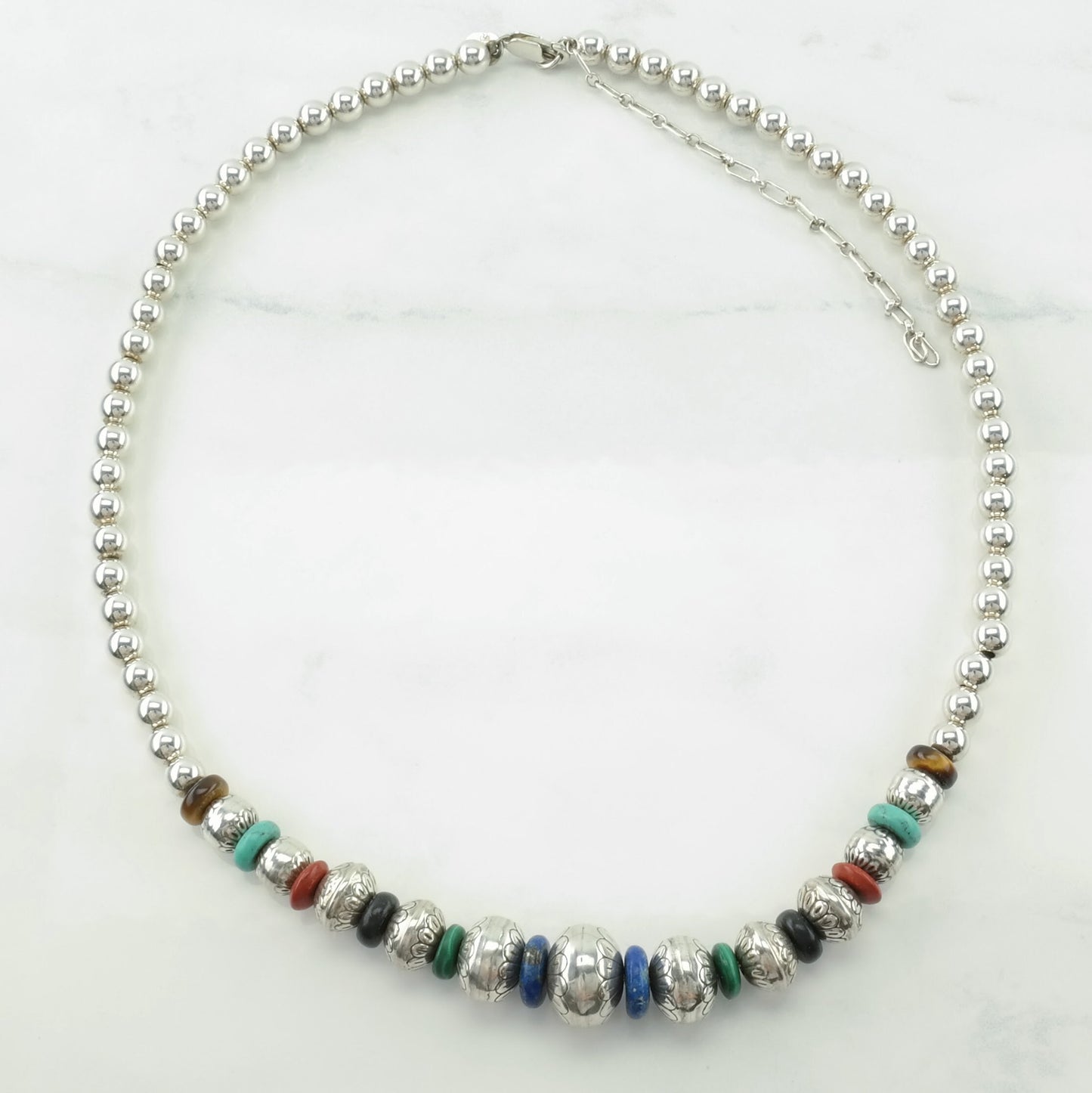 Carolyn Pollack Sterling Silver Malachite, Jet, Coral, Lapis Lazuli, Turquoise, Tiger's Eye Beaded Necklace