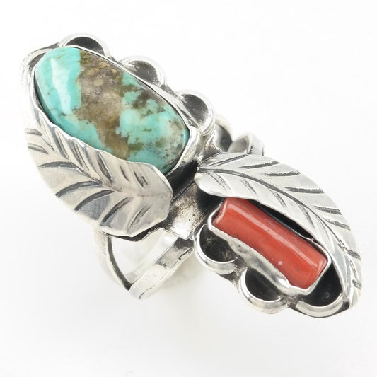 Southwest Silver Ring Turquoise, Coral Feather, Floral, Long Sterling Red, Blue Size 6 1/4