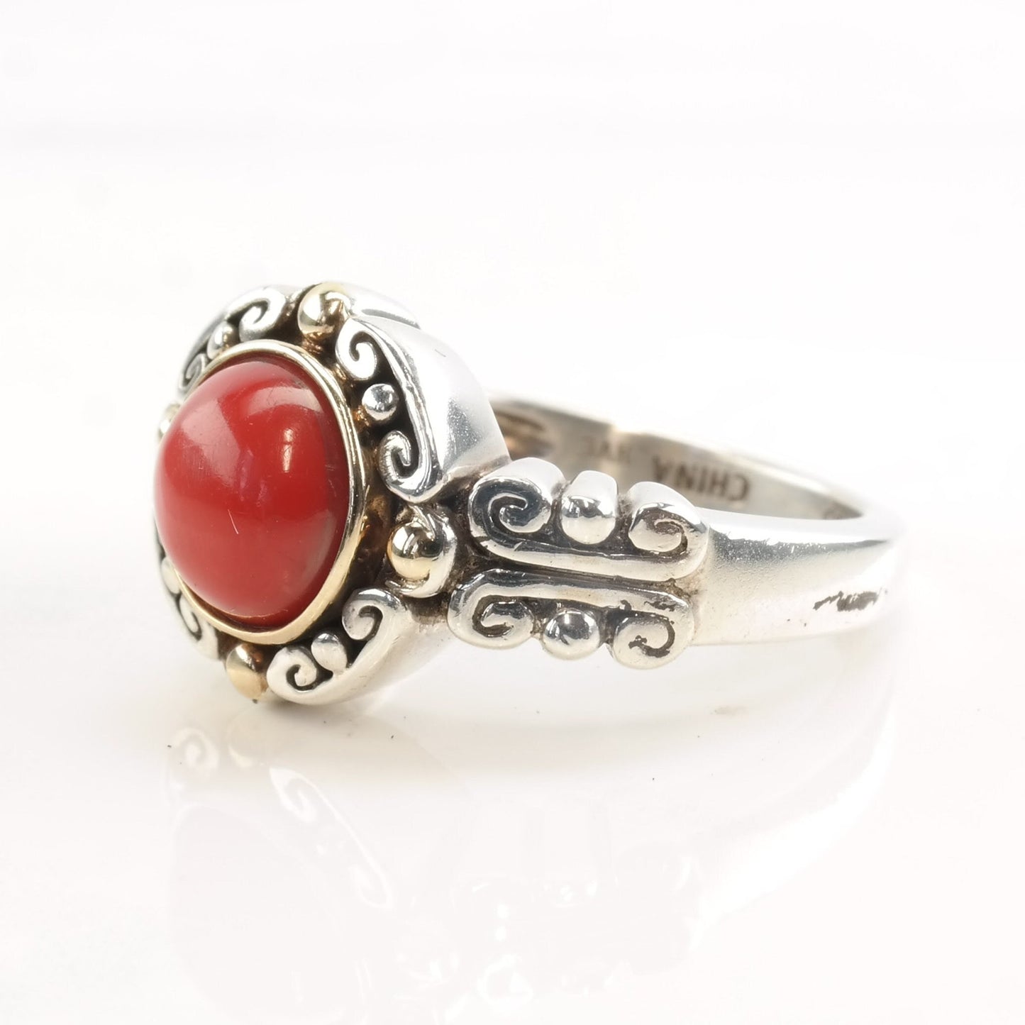 Silver Ring Faux Coral 14k Gold Beads Size 7 1/4