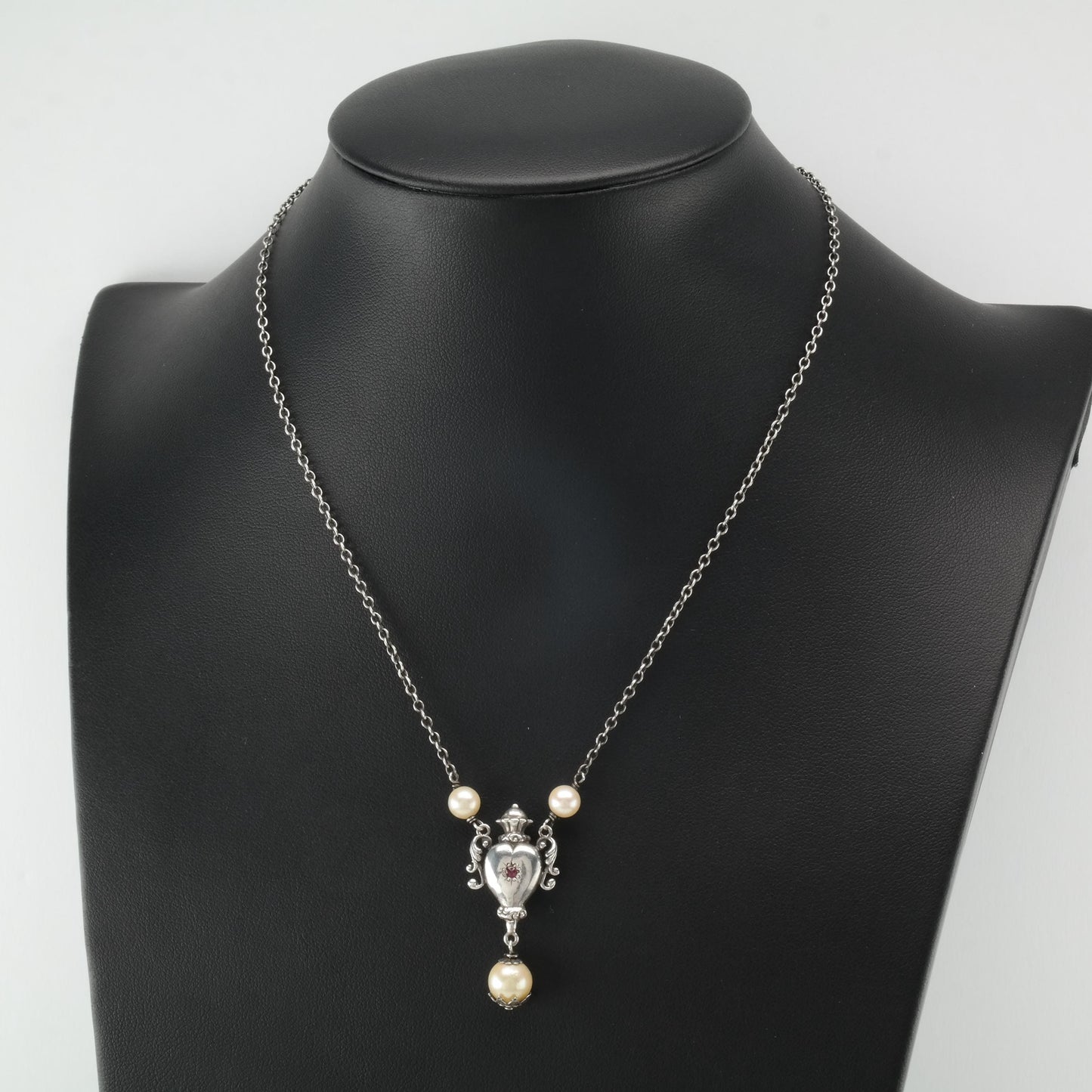 Vintage Art Novaue Natural Pearl, Rose Cut Ruby Urn Sterling Silver Necklace N2377