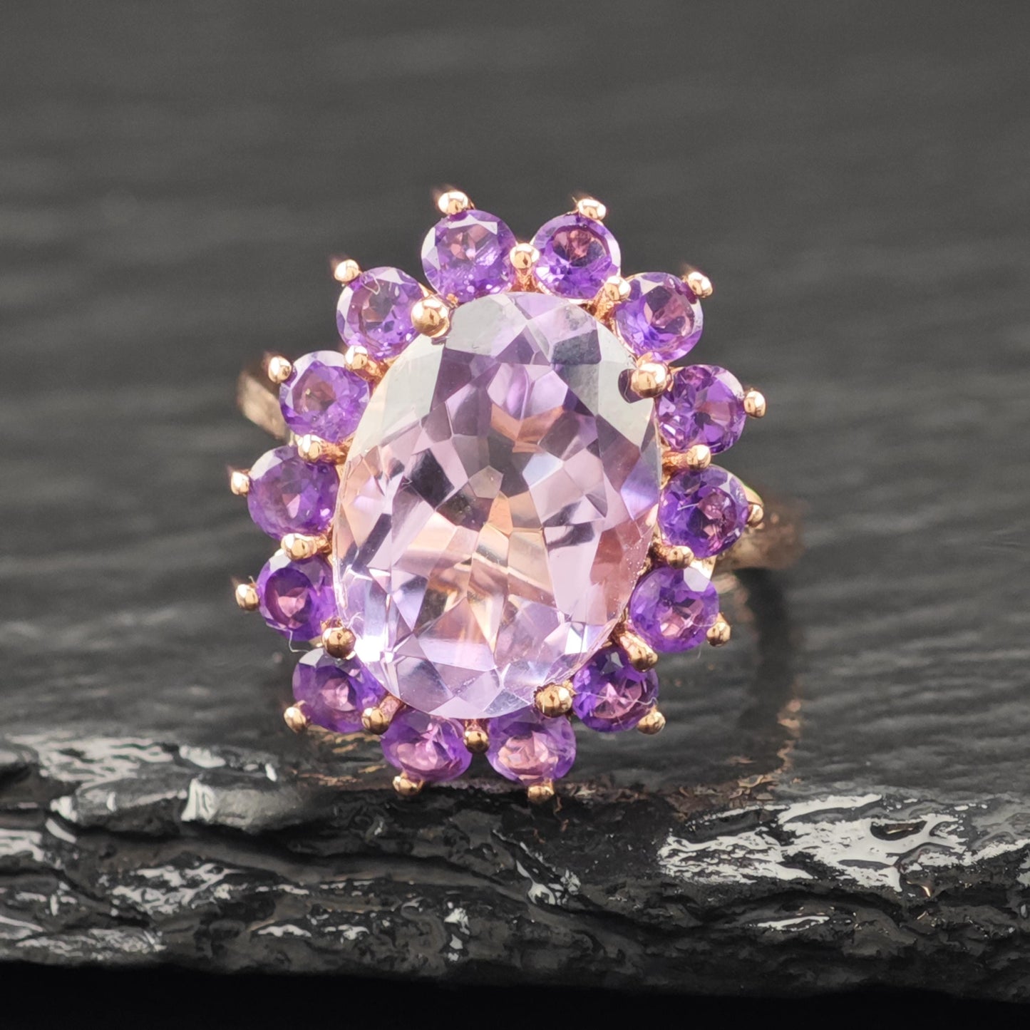 Floral Amethyst 14K Rose Gold Plated Ring Sterling Silver Sz 6 1/4 R6166