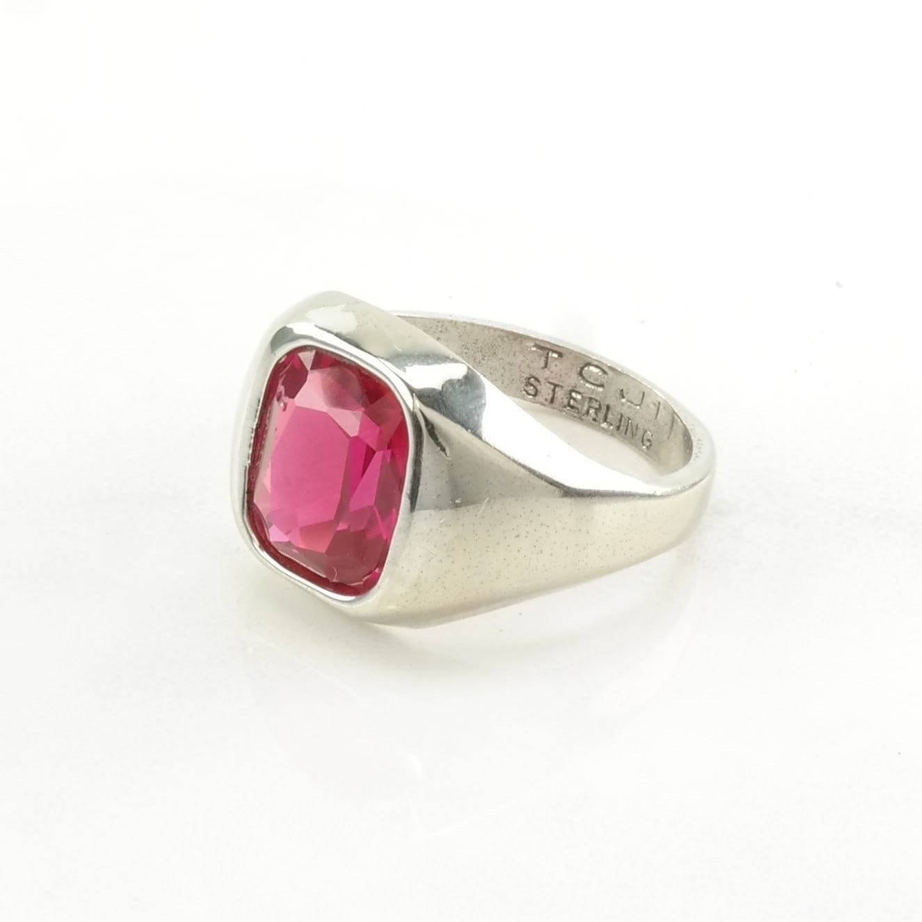 Art Deco Style, Pinky Ring Silver Ring Created Ruby Modernist Sterling Pink Size 6 1/2