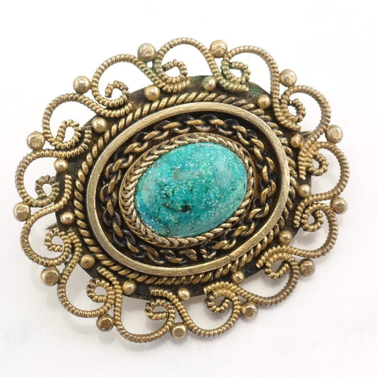 Israel Sterling Silver Brooch Pendant Filigree Gold Filled Cabochon