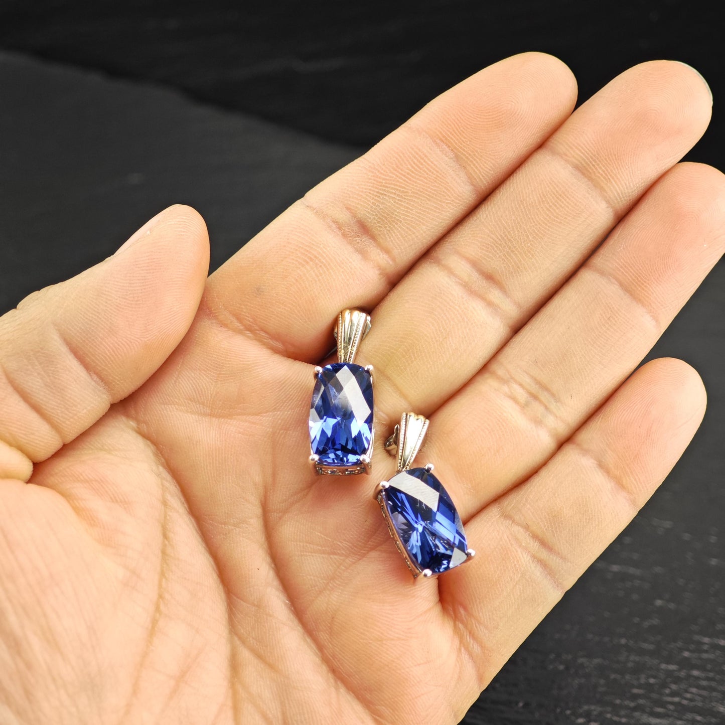 Designer Blue Lab Sapphire, 14K Gold Accent Sterling Silver Stud Earrings ER3183